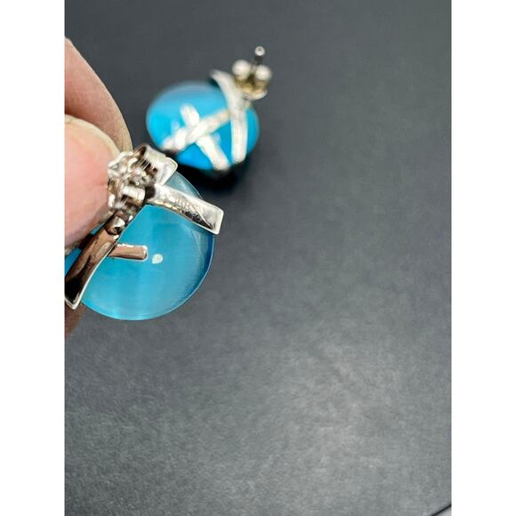 DOBBS 925 PE Sterling Silver Blue Stone Cabochon Pierced Earrings Vintage 5/8" - Picture 15 of 16